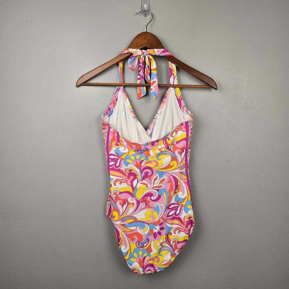 Carmen‎ Marc Valvo Colorful Swirl Halter One-Piece Swimsuit Womens Size 8